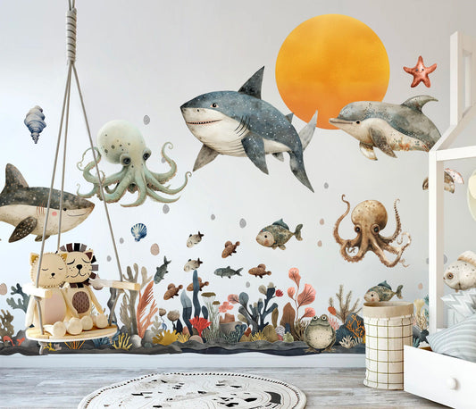Undersea Animal Whale Sharks School of Fish for kids Room Decal Stickers - BR469