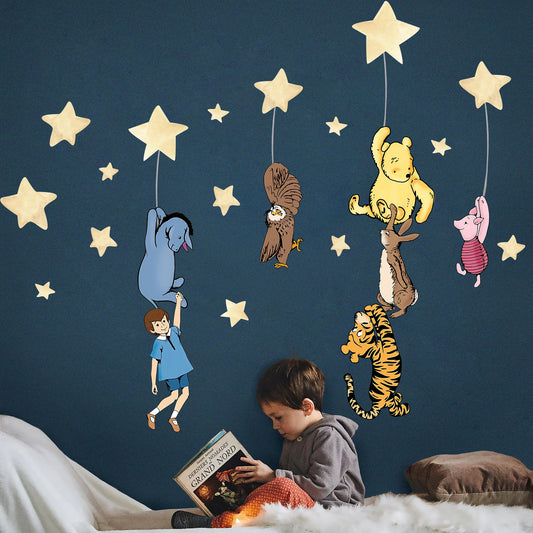Removable Vintage Winnie the pooh Night Time Wall Decal - Watercolour Stars Nursery Decor - BR482