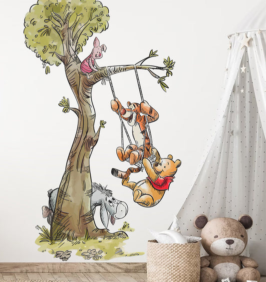 Winnie the Pooh Swinging in The Tree Decal Sticker-Wall stickers for nursery with Piglet, Tigger, Donkey-BR481
