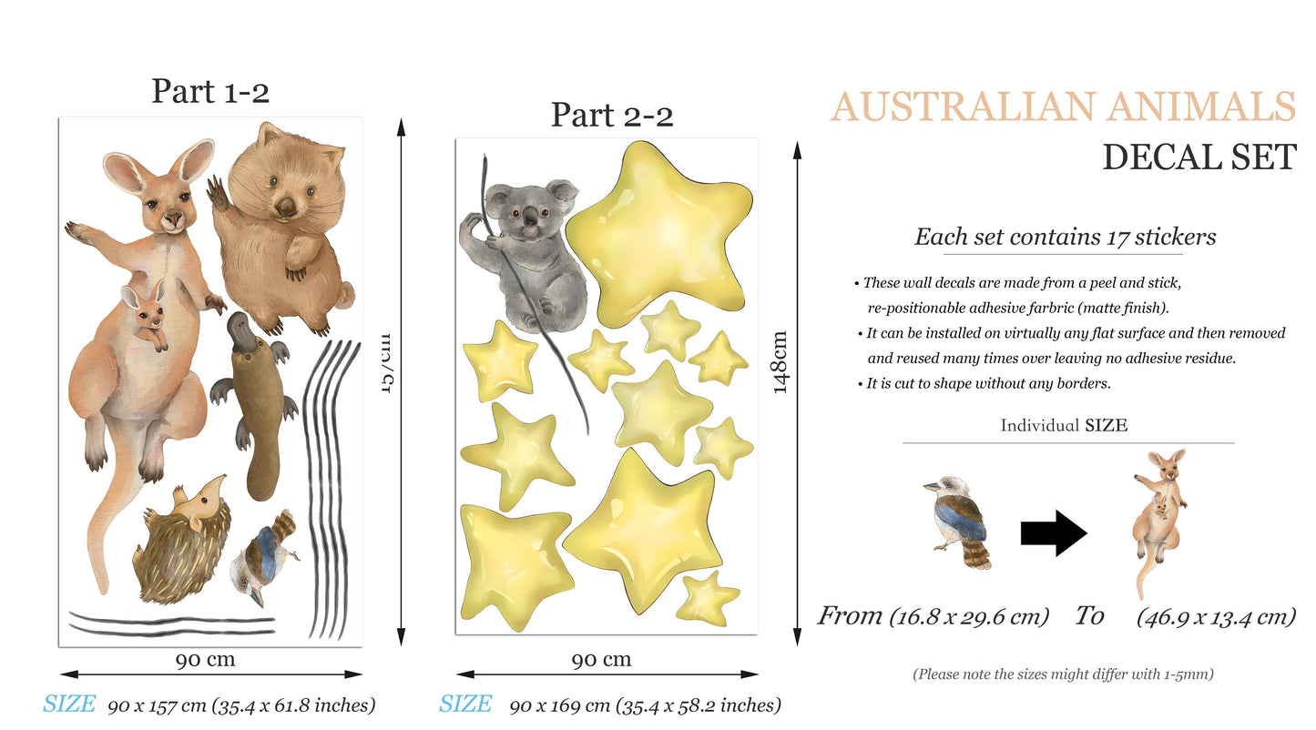 Australian Animals Night Time Removable Stars Nursery Decor Wall Decal - BR487