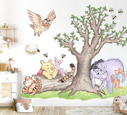 Watercolour Vintage Winnie and Friends Wall Decal Sticker - Wall Decal for Nursery - BR485