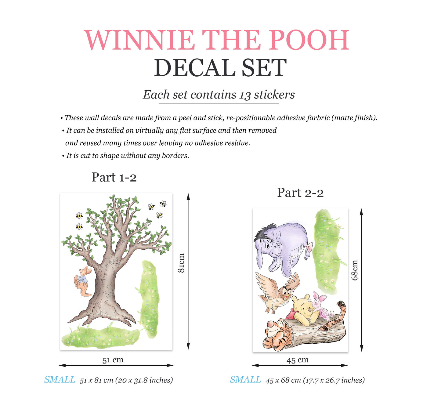 Watercolour Vintage Winnie and Friends Wall Decal Sticker - Wall Decal for Nursery - BR485