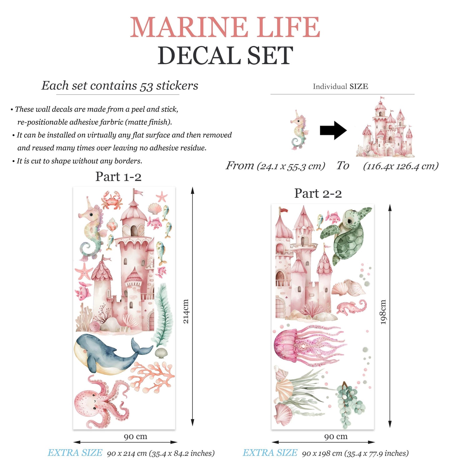Undersea Castle Marine Life Whale Sea Turtle Squid Sea Horse Octopus Wall Decal - BR463