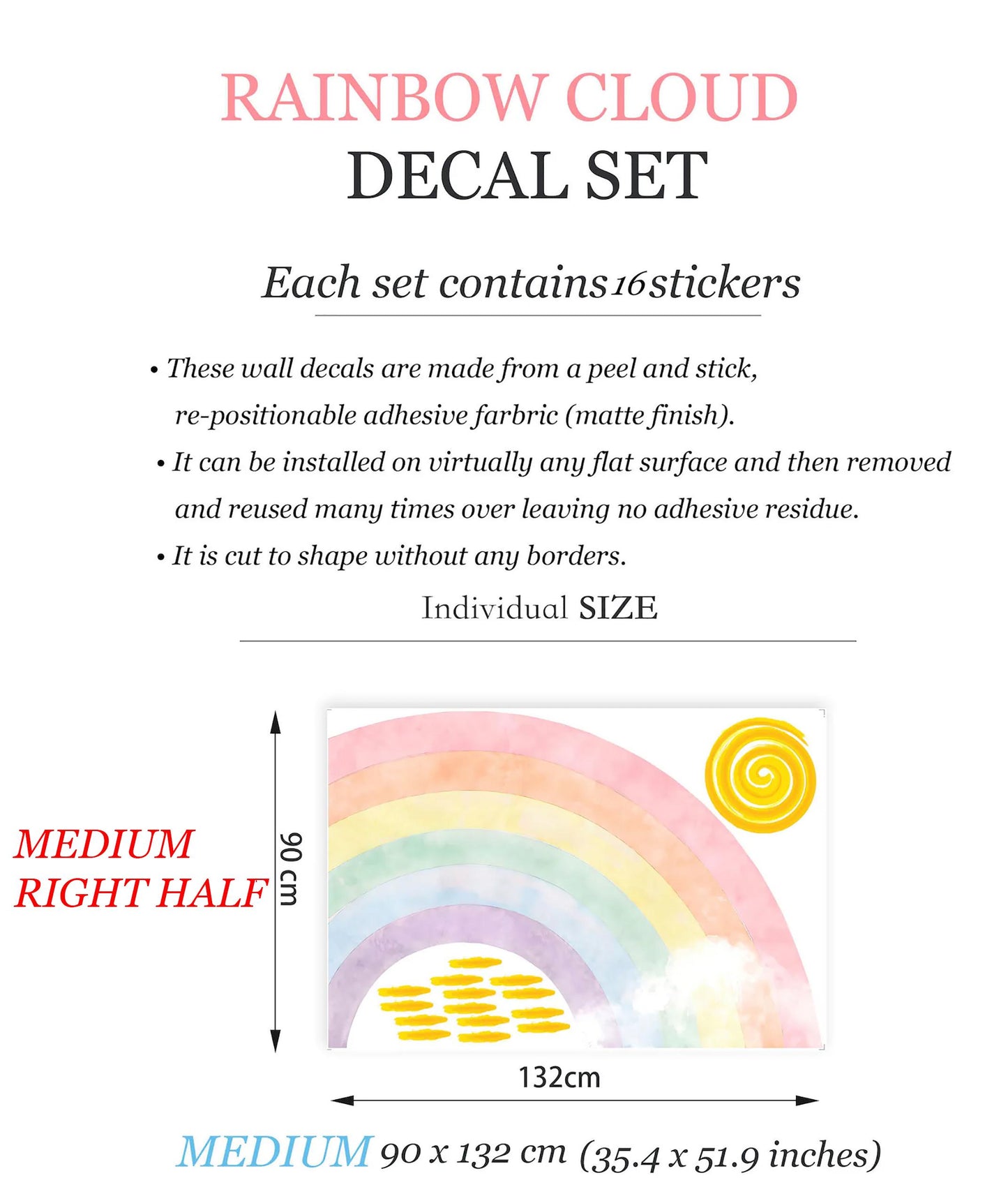 Radiant Rainbow Sun Wall Decal – Watercolor Style Girls' Room Decor - BR192