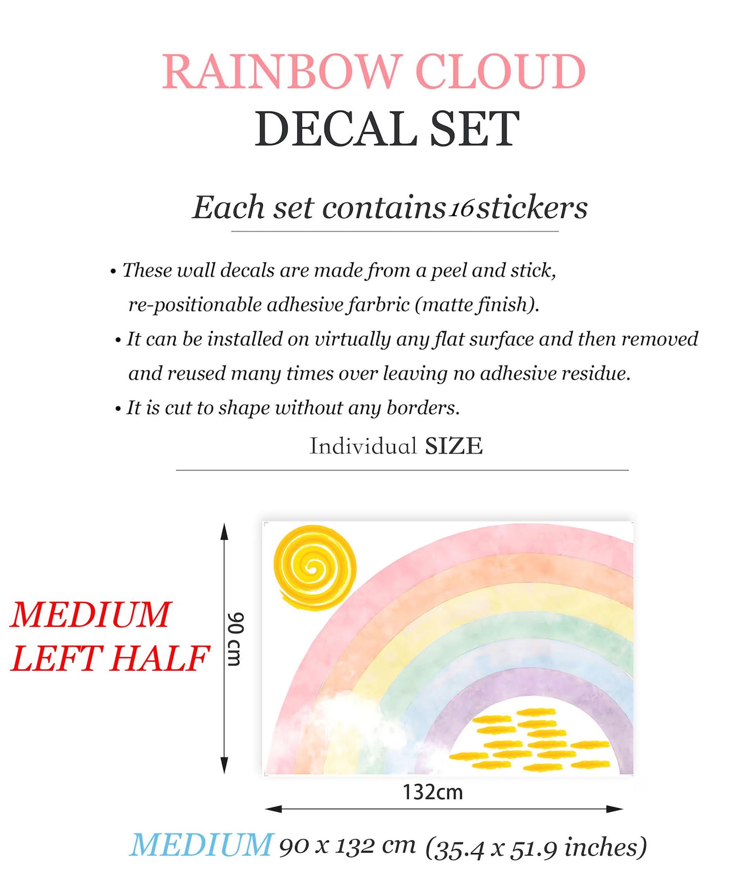 Radiant Rainbow Sun Wall Decal – Watercolor Style Girls' Room Decor - BR192