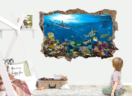 Underwater Sealife 3D Wall Decal - Colorful Ocean World Behind Broken Wall - BW021