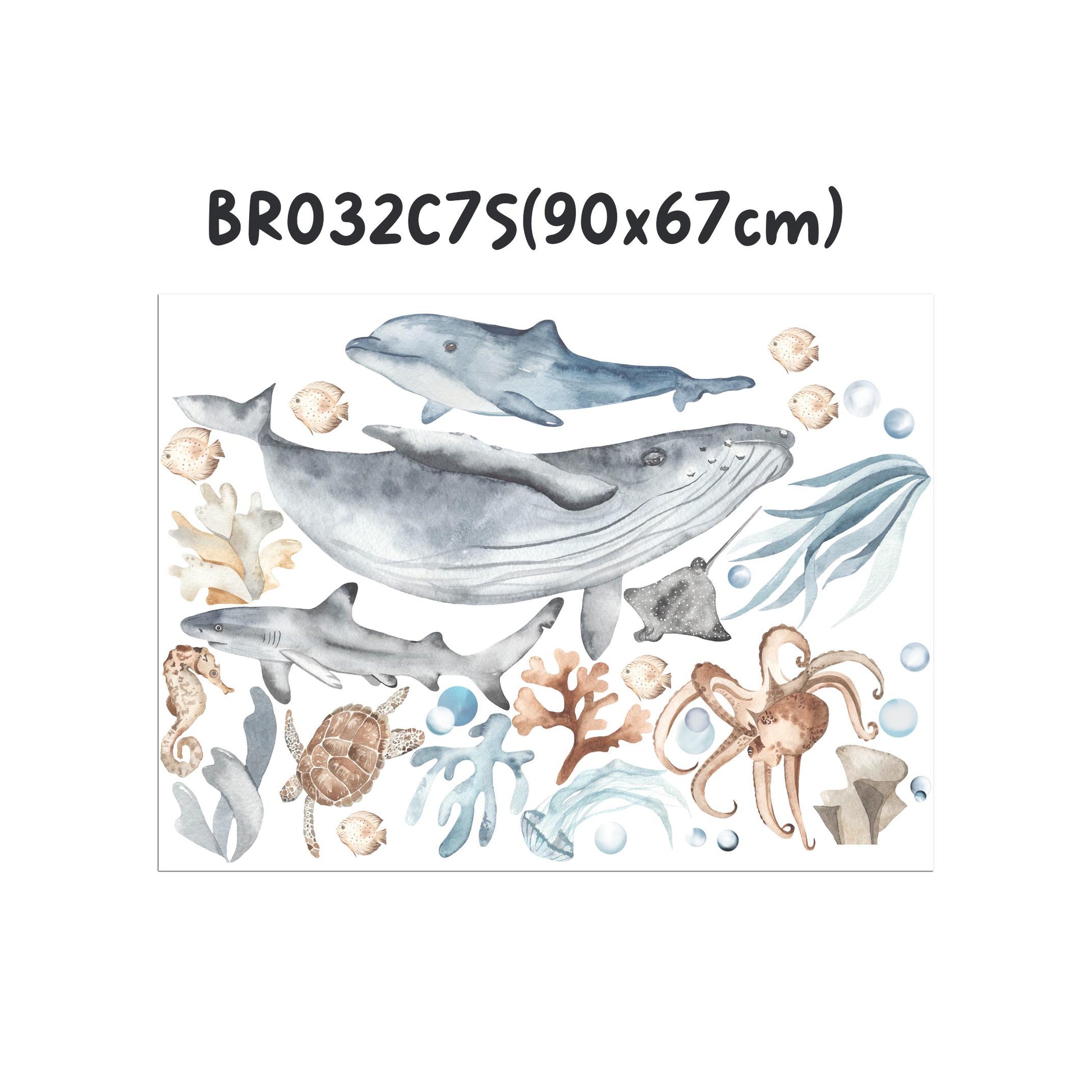 Underwater World Marine Sea Life Wall Decal - Whale Shark Turtle Squid Jelly Fish - BR032