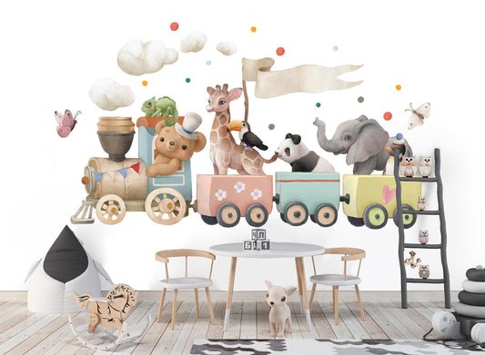 Animal Train Wall Decals: Elephant, Giraffe, Panda, Penguin & Bear - Kids Room Decor-BR500
