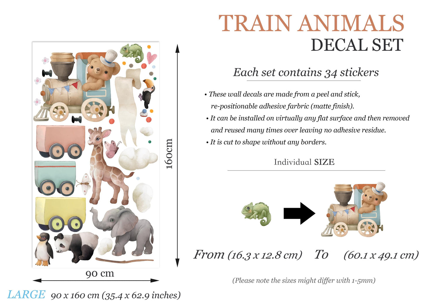Animal Train Wall Decals: Elephant, Giraffe, Panda, Penguin & Bear - Kids Room Decor-BR500