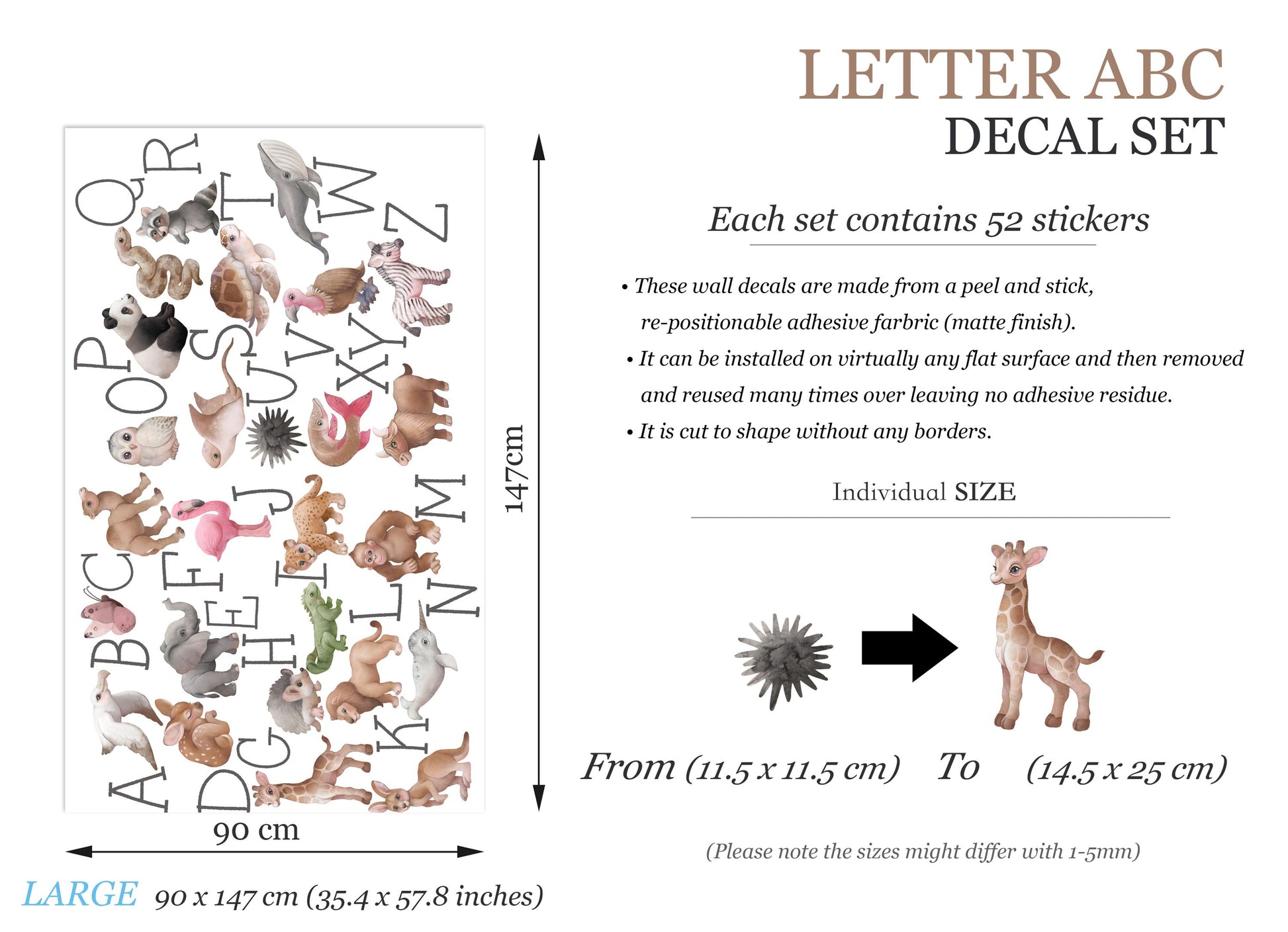 Animal Alphabet Wall Decals: 26 Letters with Adorable Animals - Kids Room Decor-BR501