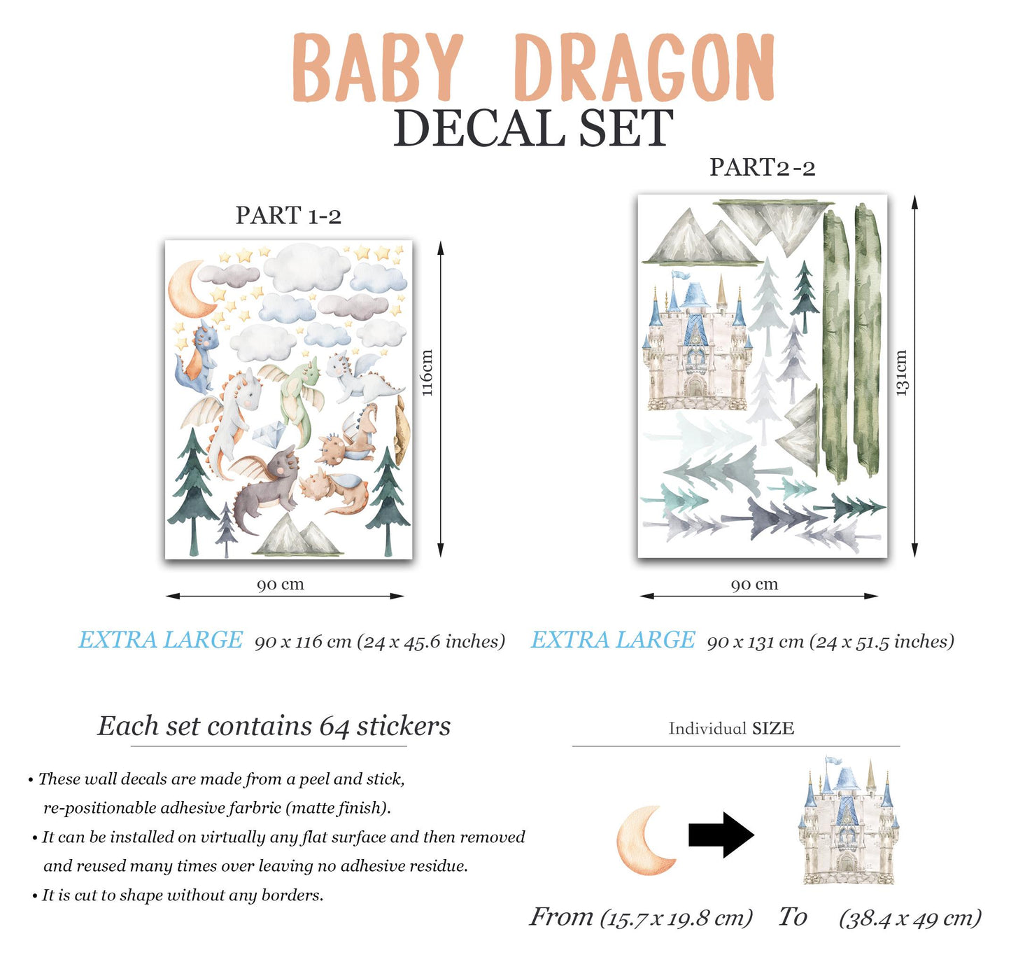 Baby Dragons Wall Decal: Dragons Flying over Cloud Guarding Castle - Kids Room Decor - BR502