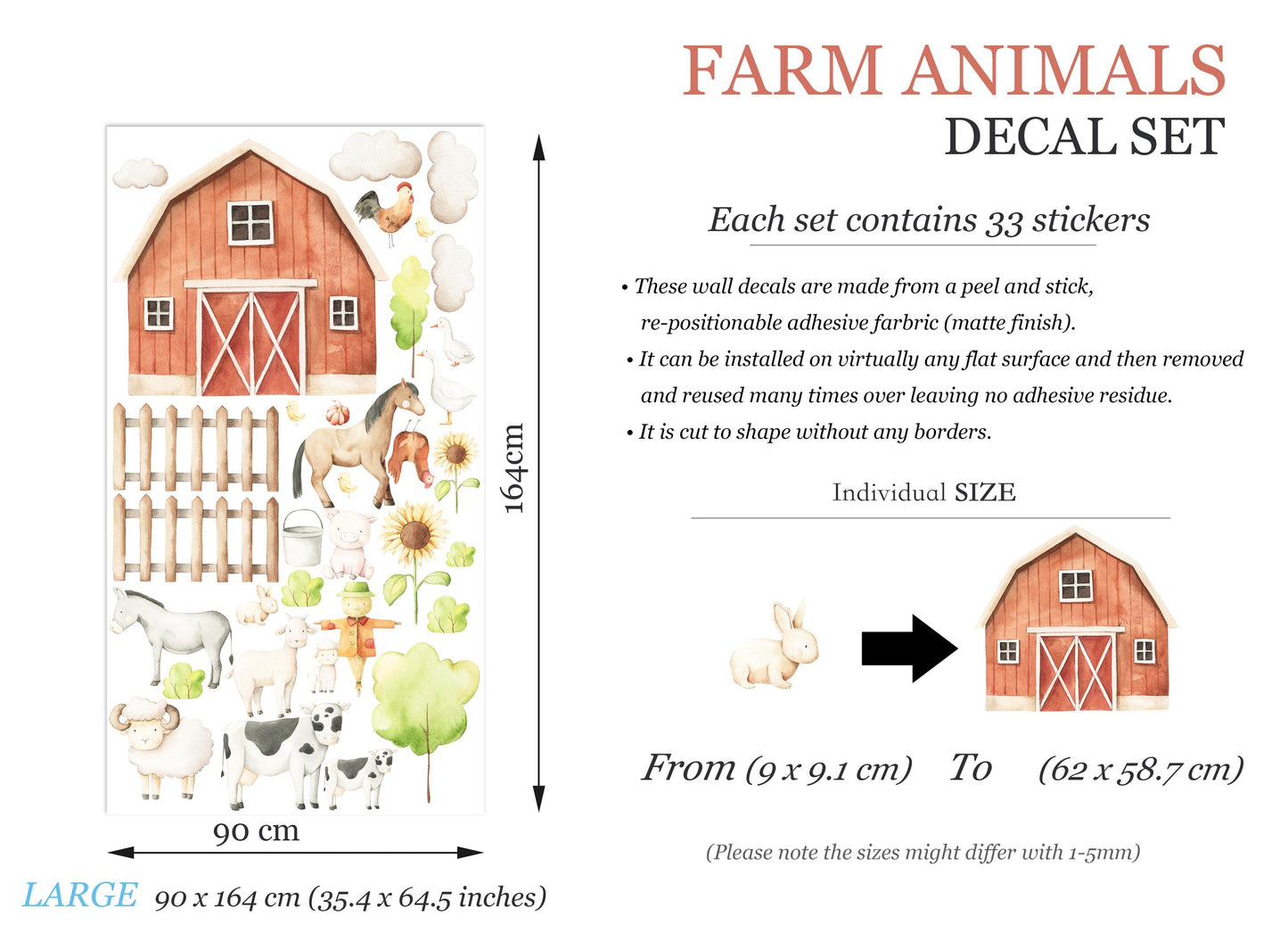 Farm Animal Wall Decals: Rooster, Cow, Goat, Pig, Donkey & Horse - Nursery Room Decor - BR505