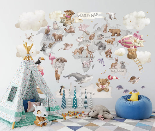 World Animal Map Wall Decal: Giraffe, Koala, Whale & More - Kids Room Decor-BR503
