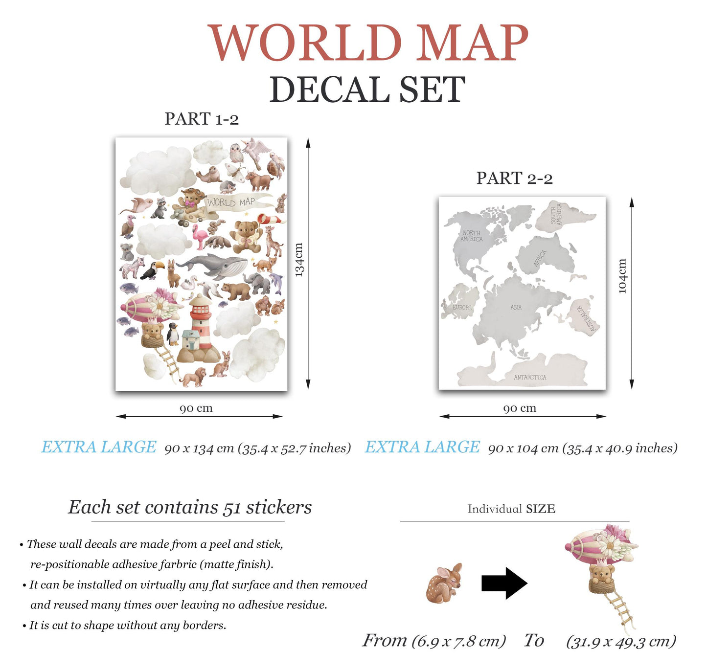 World Animal Map Wall Decal: Giraffe, Koala, Whale & More - Kids Room Decor-BR503