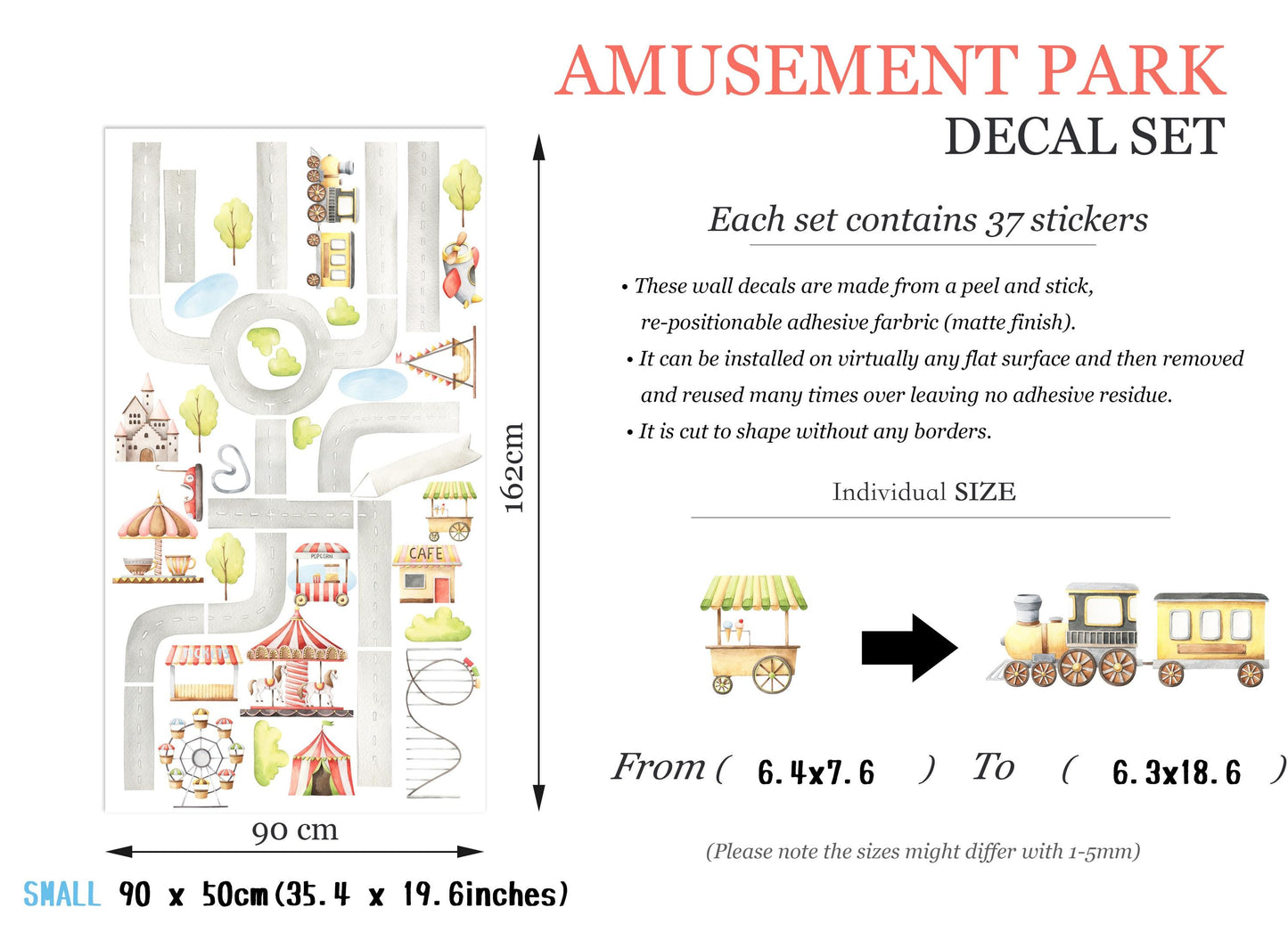 Small amusement park decal set dimensions illustration, total size 90 x 50 cm, includes detailed measurements for stickers such as train (18.6 cm), stalls, and circus rides.