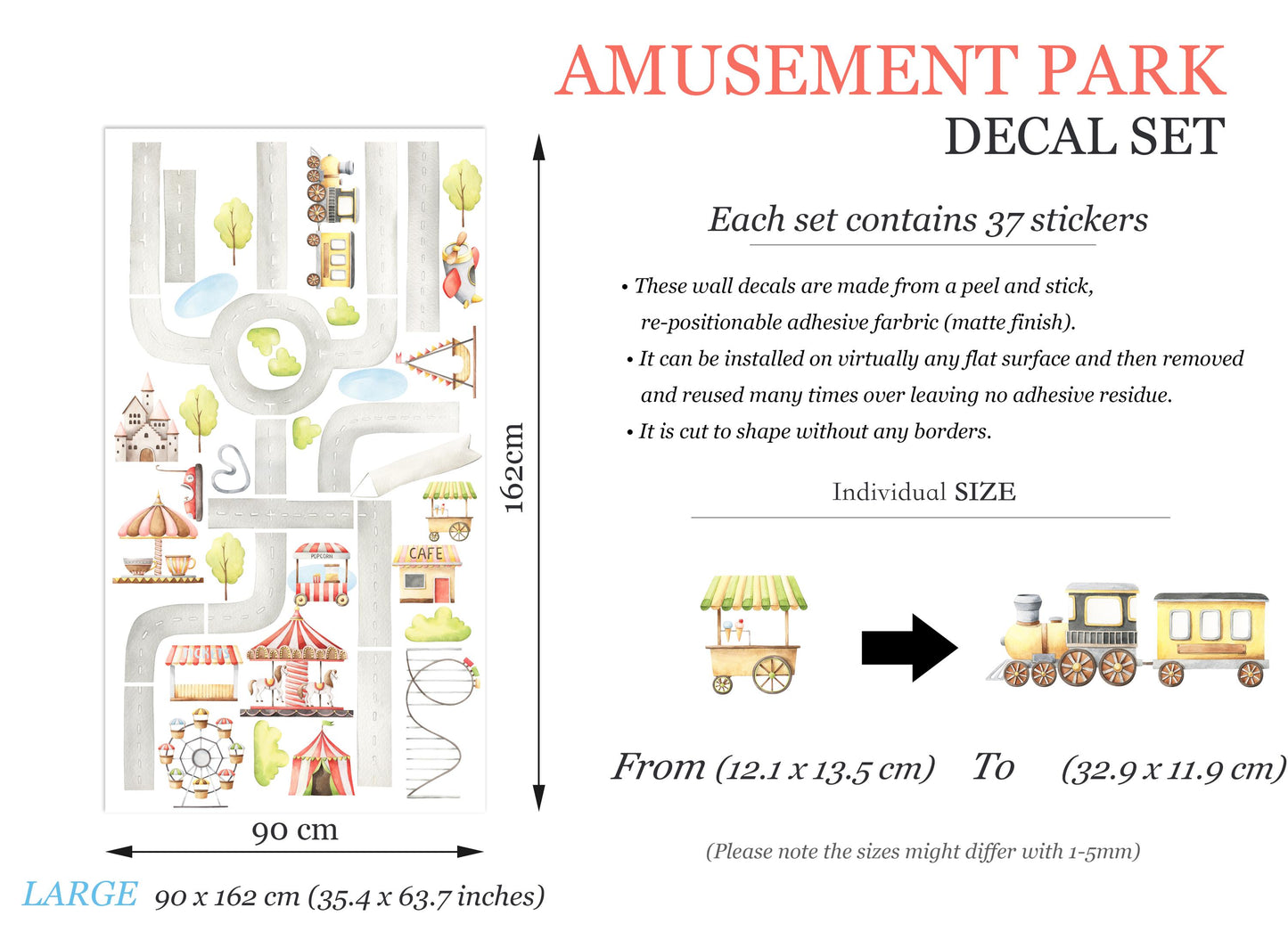 Large amusement park decal set dimensions illustration, total size 90 x 162 cm, featuring individual stickers like train (32.9 cm), carnival stalls, circus tents, and playful road elements.