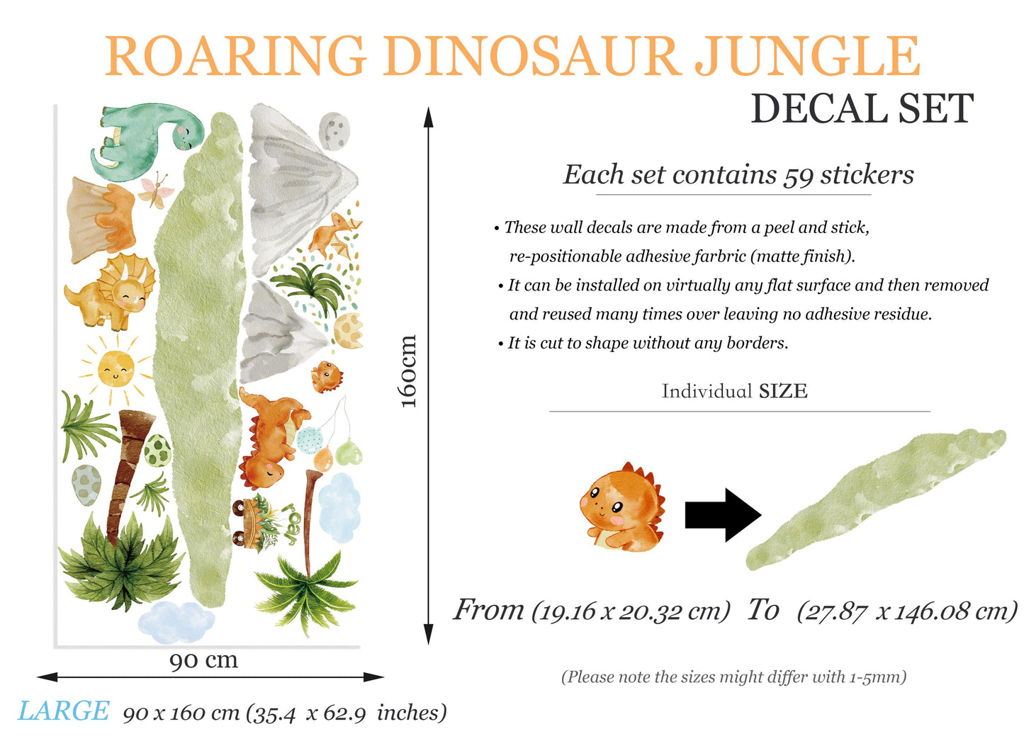 Roaring Dinosaur Jungle Wall Decal – Watercolor Dino Nursery Sticker – Reusable Peel and Stick Fabric for Baby Room