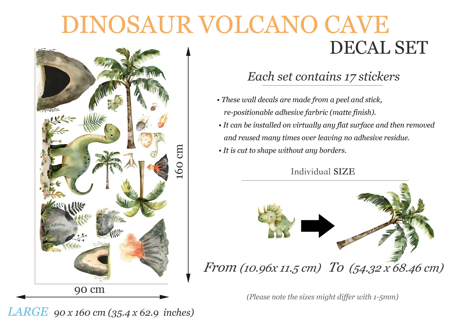 Dinosaur Volcano Wall Decal Set - Cute Watercolor Dino & Volcano Removable Fabric Stickers for Kids Room