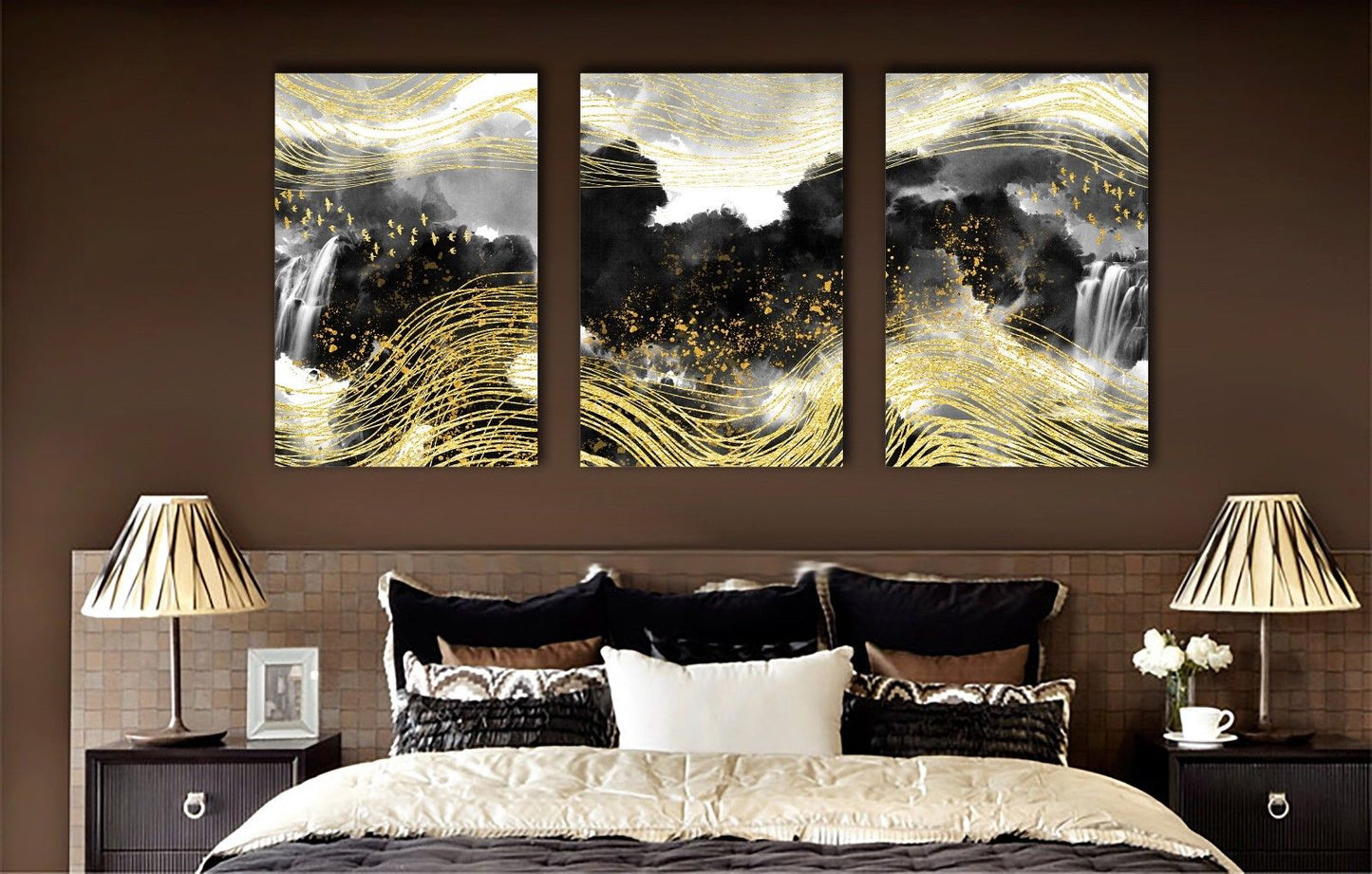 Abstract Gold Line Bird Waterfall Framed Canvas Ink Painting Modern Wall Art