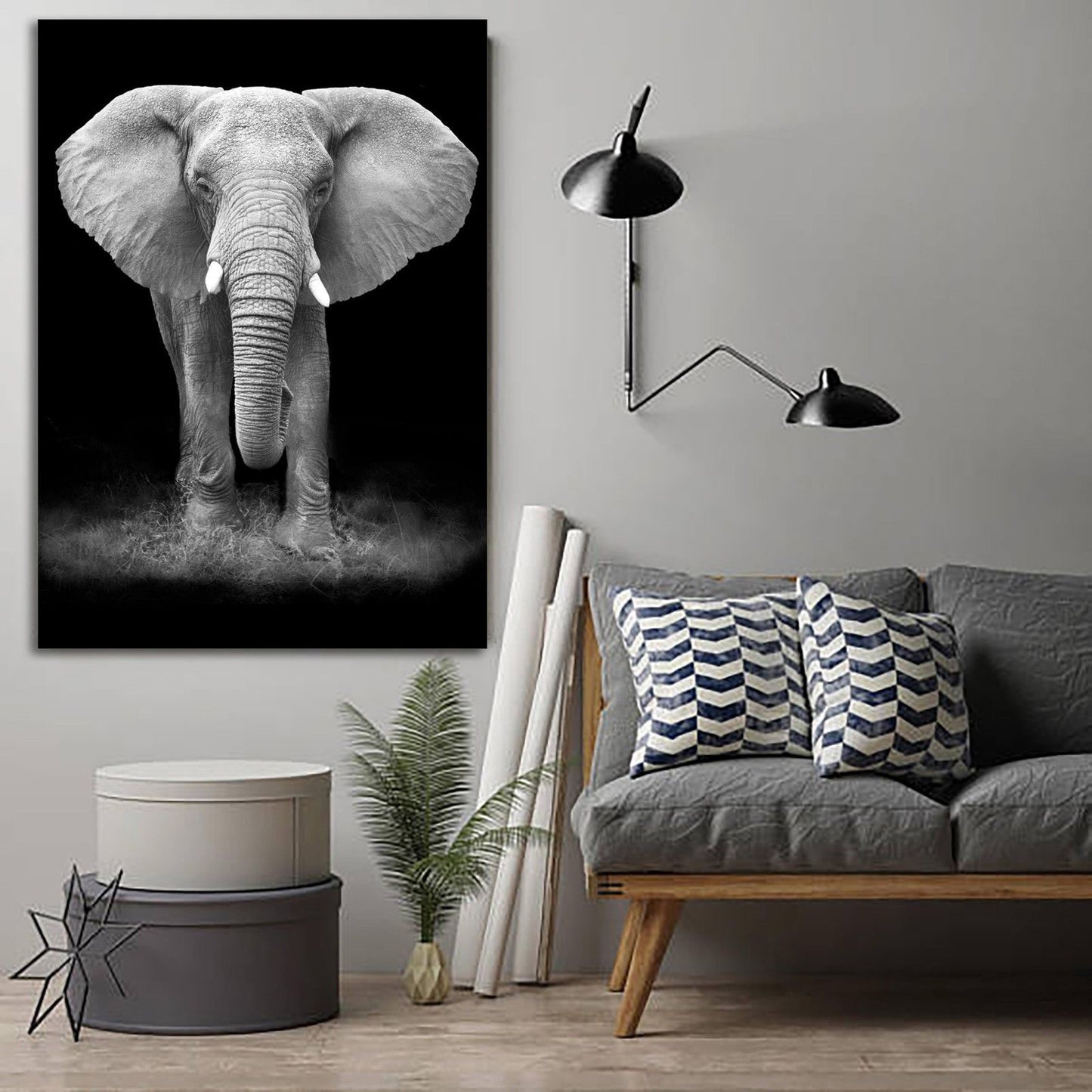 Black White Elephant Stretched Canvas Prints Wall Art Decor Framed Black&White