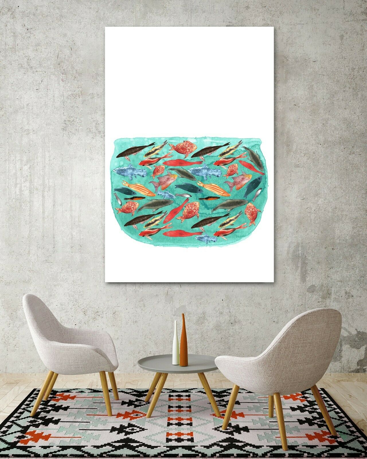 Watercolor Fish tank Framed Canvas Wall Art Print Wall Ready to hang kids room
