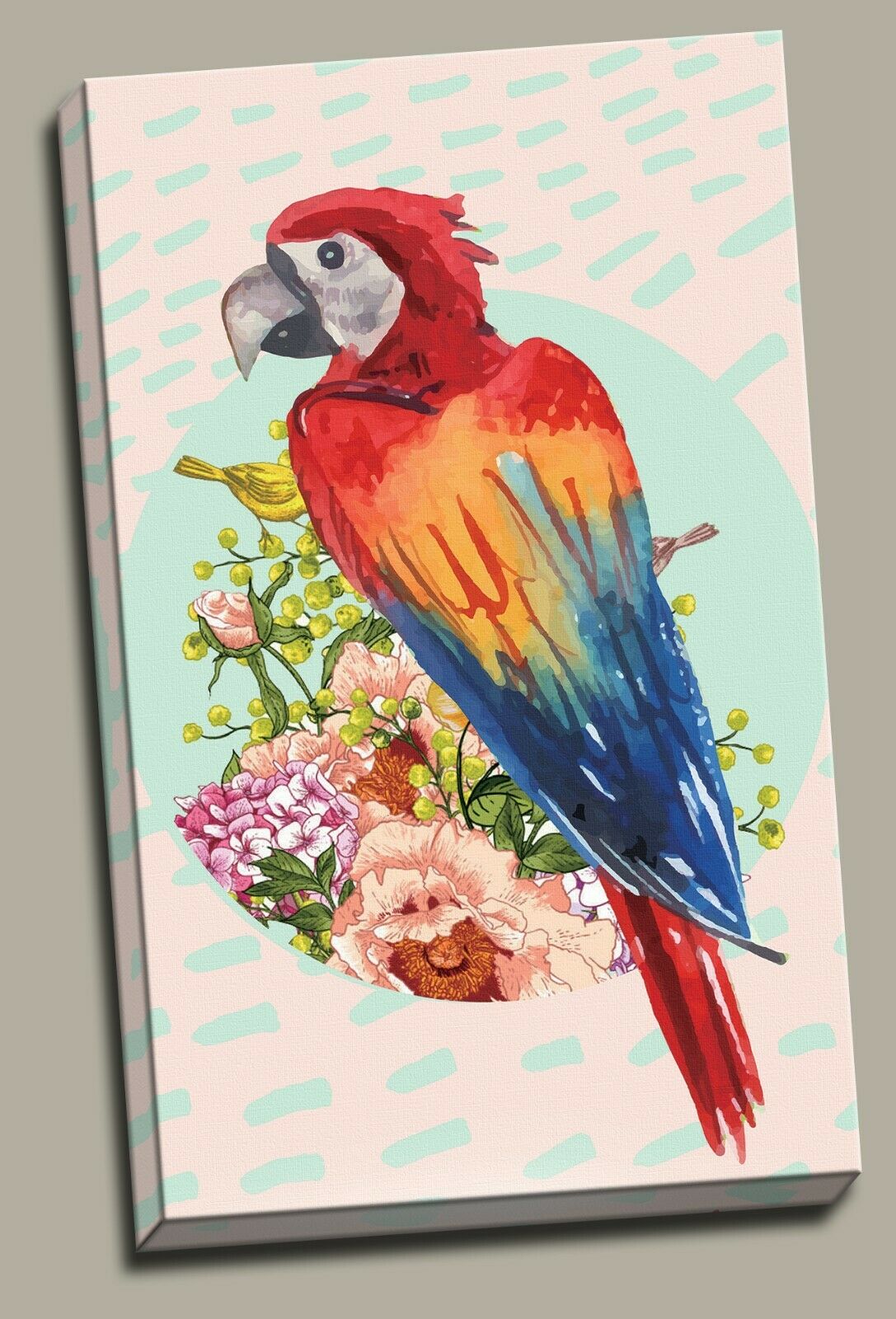 Parrot Flowers Watercolor Rainbow Stretched Pictures Canvas home art wall
