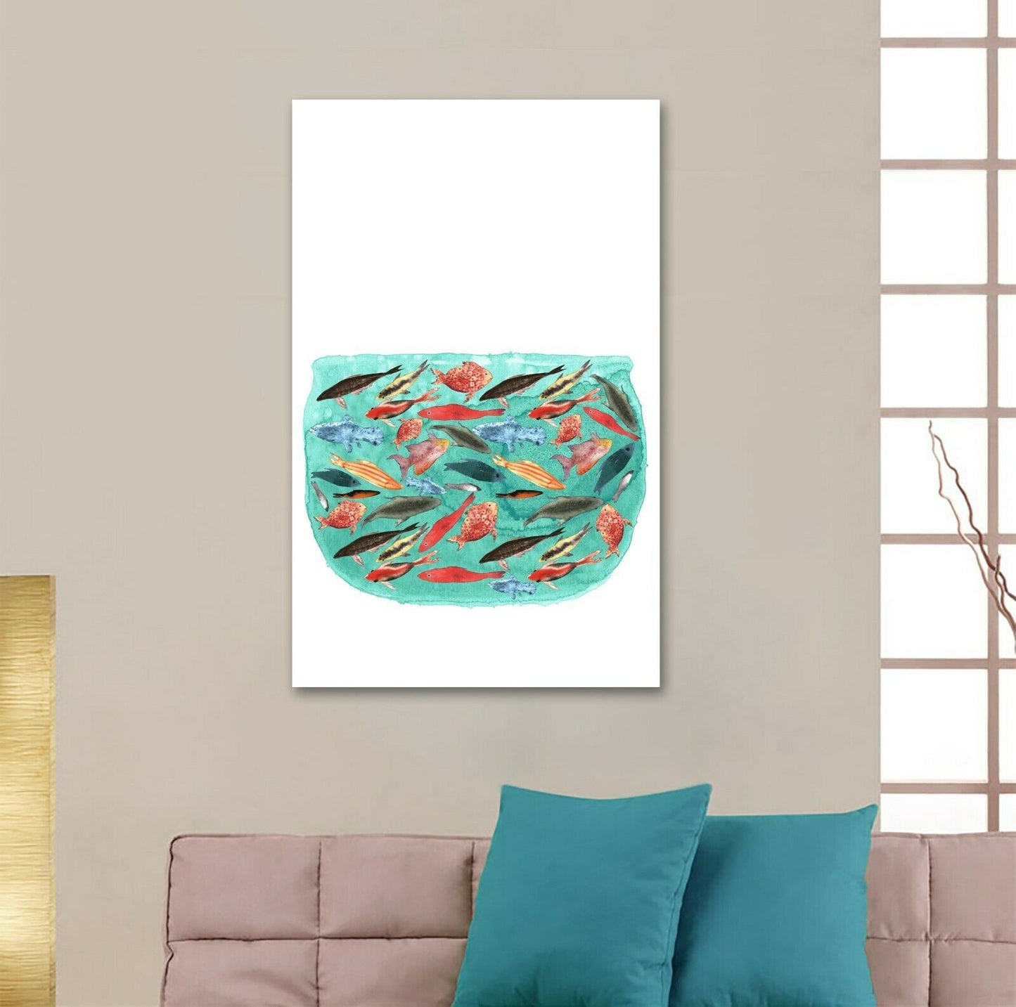 Watercolor Fish tank Framed Canvas Wall Art Print Wall Ready to hang kids room
