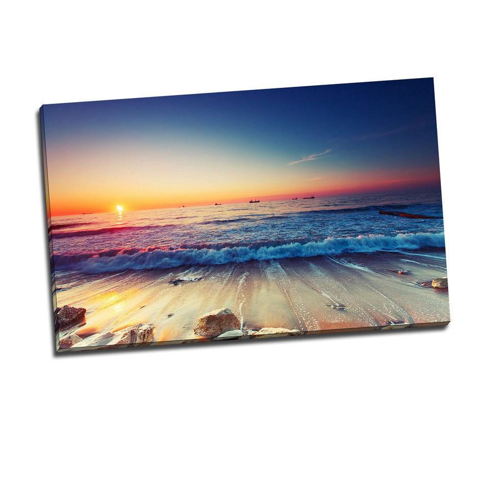 Framed Canvas prints Ocean Sunset sundown Beach view ocean orange wave wall art