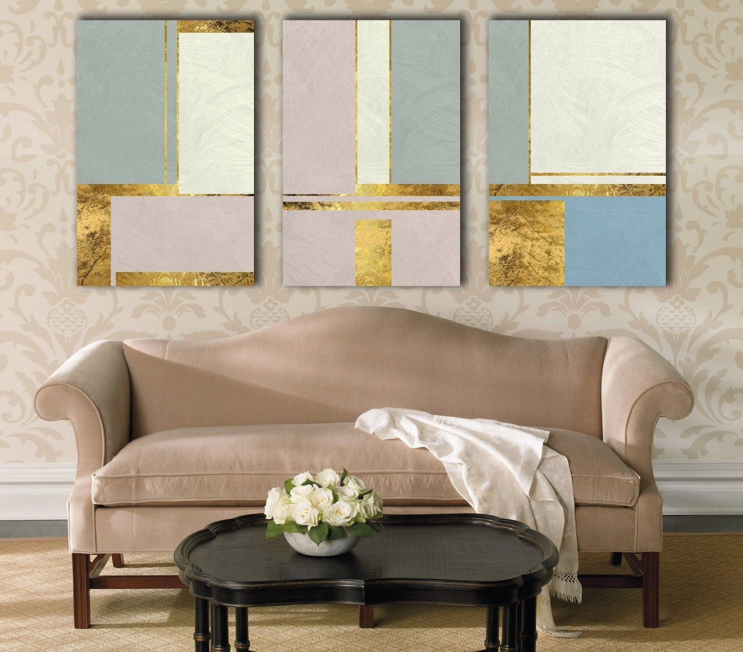 Abstract Line Block Gold Blue Pink Framed Canvas Prints Modern Wall Art Home