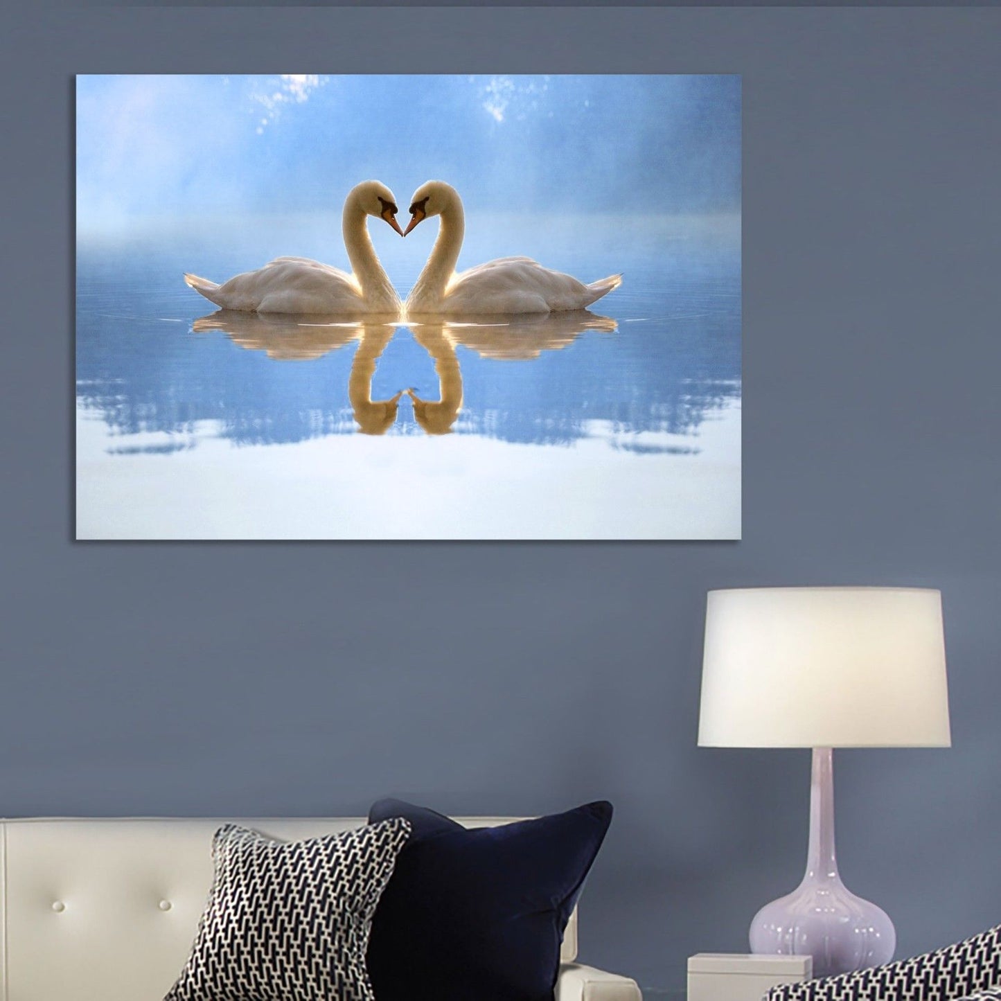 Love Heart SWANS Stretched Pictures Canvas water reflection home art wall deco