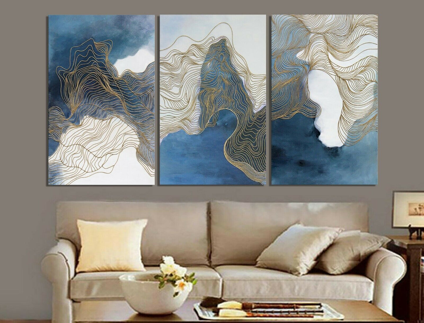 Abstract Blue Grey Gold Framed Canvas Prints Modern Wall Art Home Decor Print