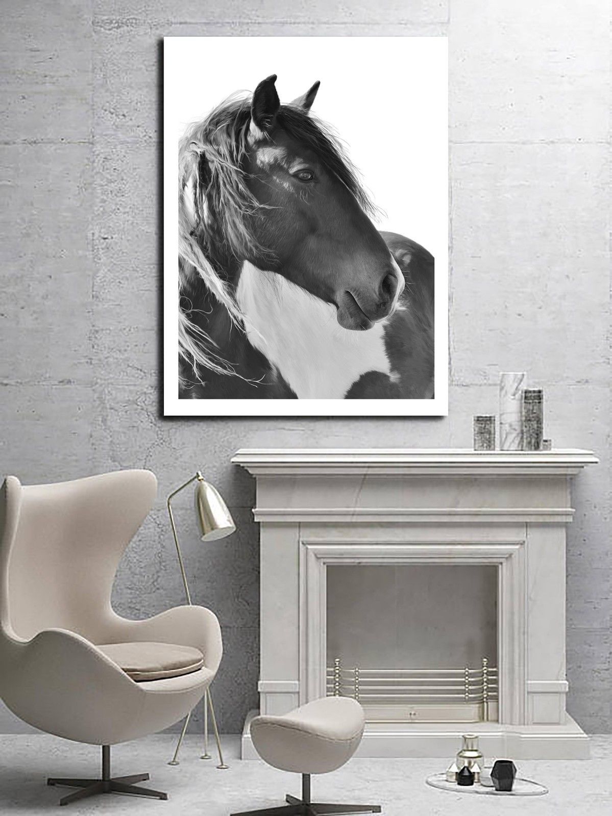 Horse Portrait Face Black&White Stretched Canvas Print Framed Wall Art Home