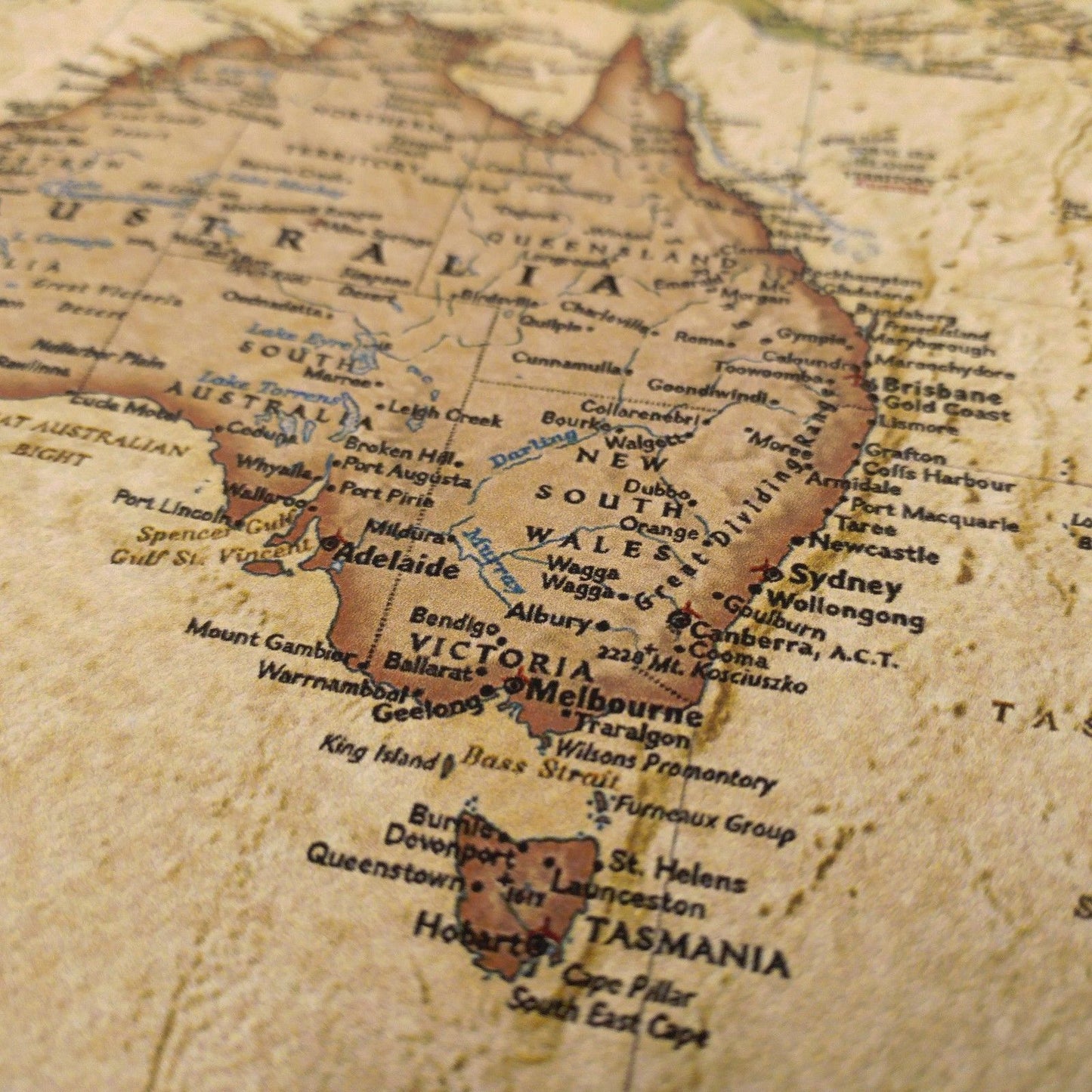 Vintage World Map Stretched Framed Canvas Detailed Australia Waterproof Map wall