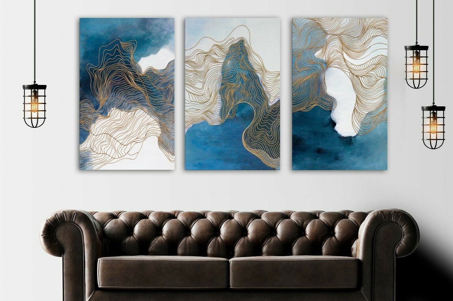 Abstract Blue Grey Gold Framed Canvas Prints Modern Wall Art Home Decor Print