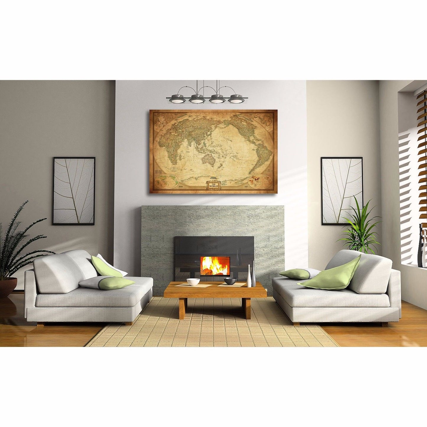 Vintage World Map Stretched Framed Canvas Detailed Australia Waterproof Map wall