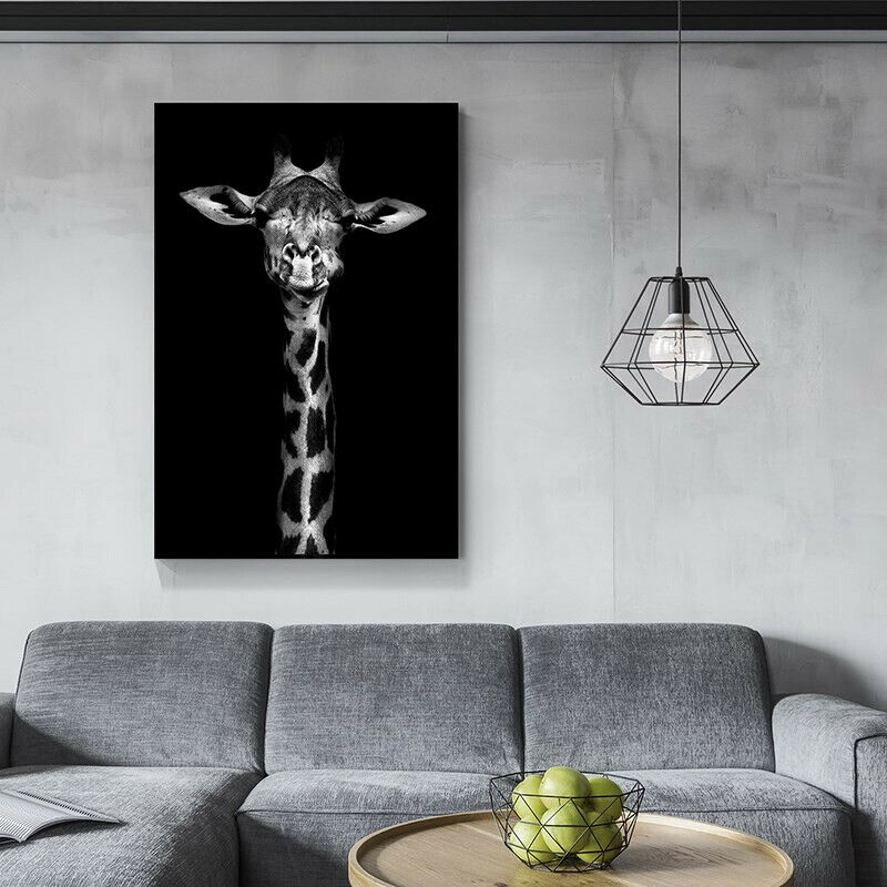 Black White Framed Canvas Giraffe Zebra Lion Elephant Rhinoceros Animal Portrait