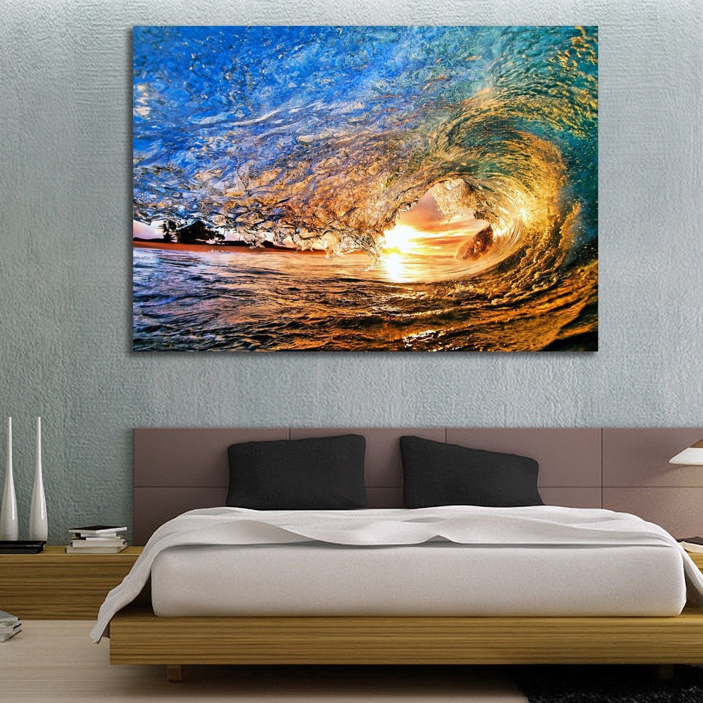 Stretched Canvas prints seascape print Sun Beach in wave ocean sunrise surfing