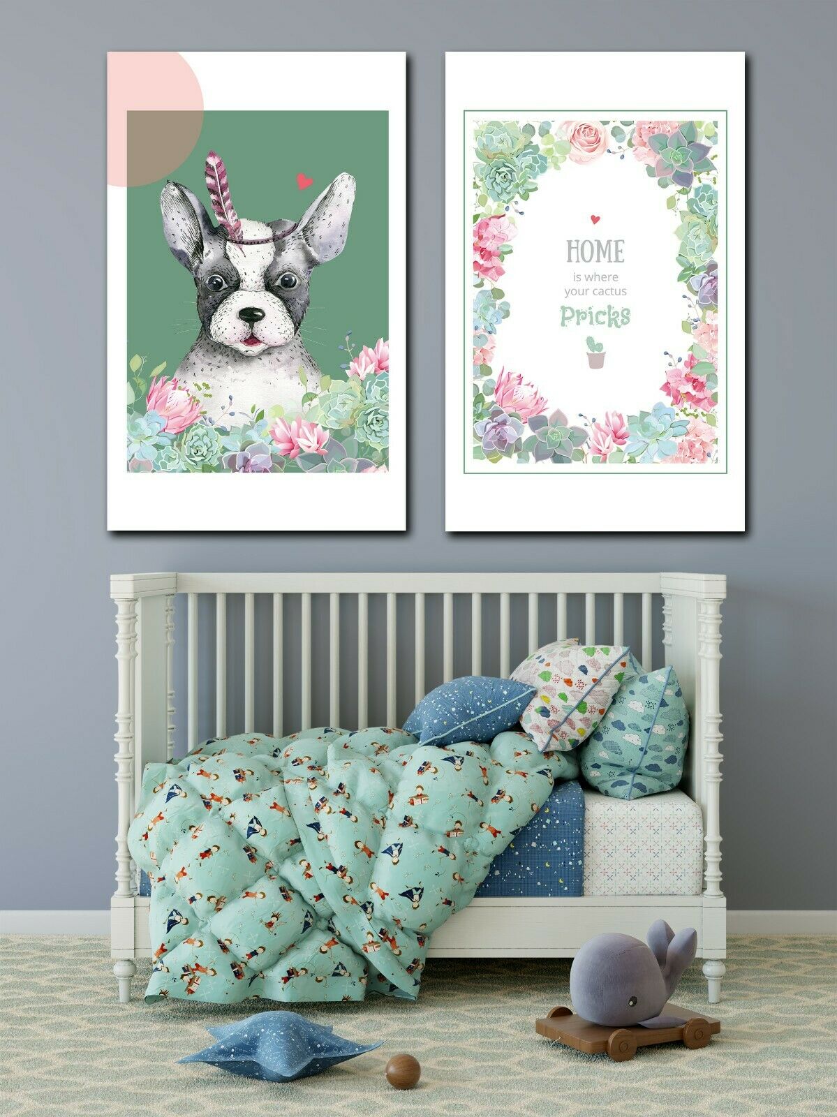 Dog Flower Boston Terrier Framed Canvas Prints Modern Wall Art Home Bedroom