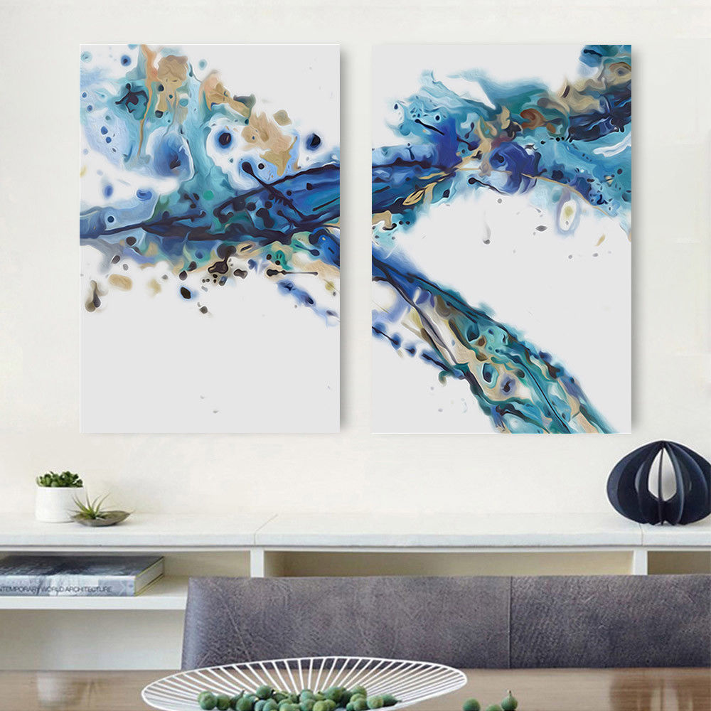 Blue adn gold wave abstract picture art high quality Framed canvas
