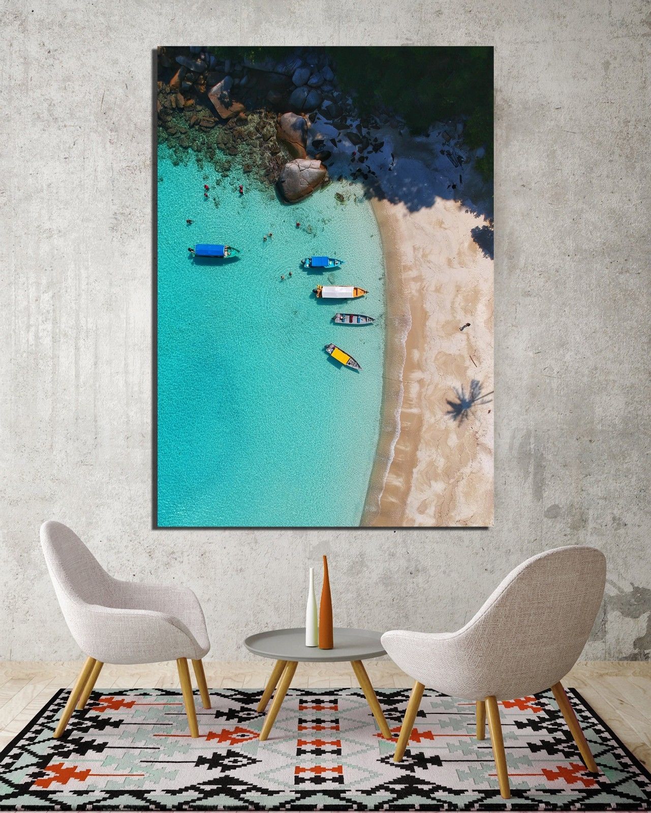 Framed Beach Wave Canvas Aerial View Ocean Print Wall Art Blue Boat White Beach