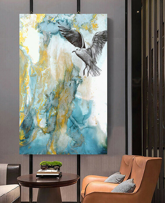 Abstract Blue Yellow Framed Canvas Wall Art Print Pigeon Watercolor Wall Prints