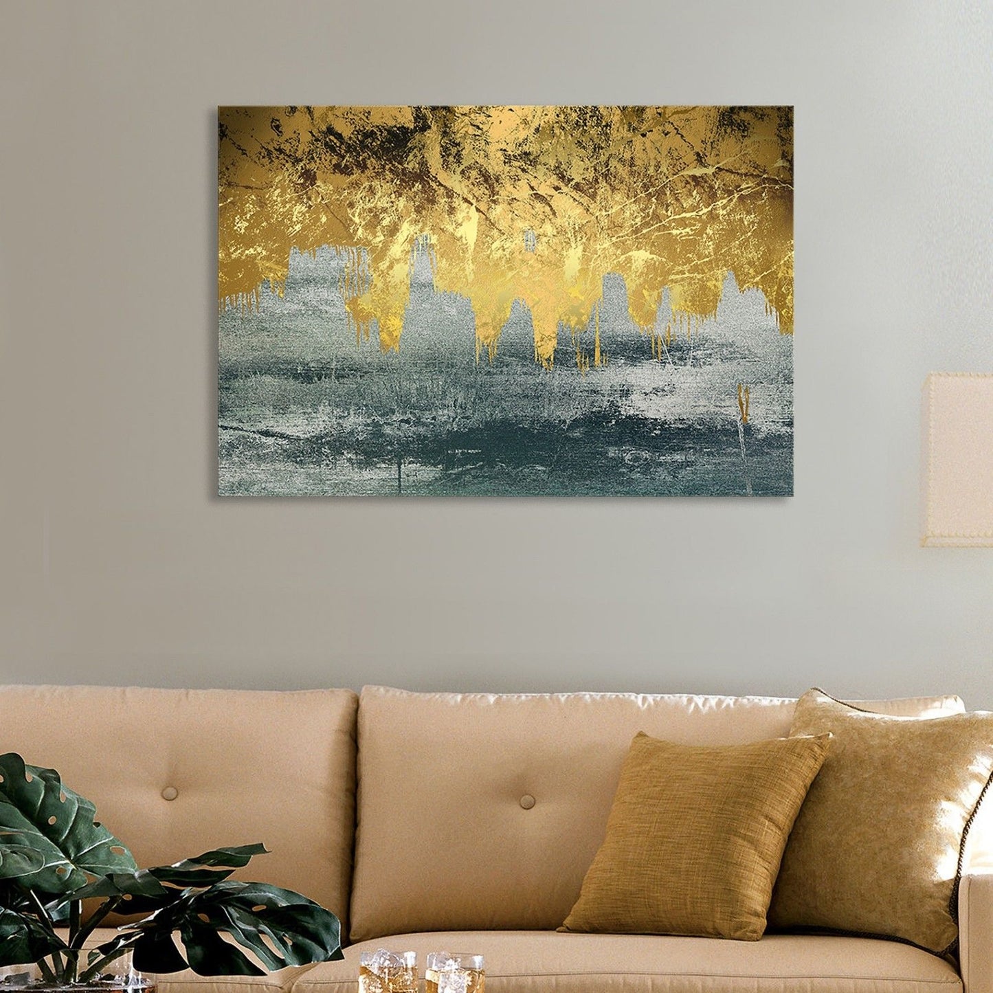 Blue Gold Foil Stretched Printed Framed Canvas Liquid abstract print wallart