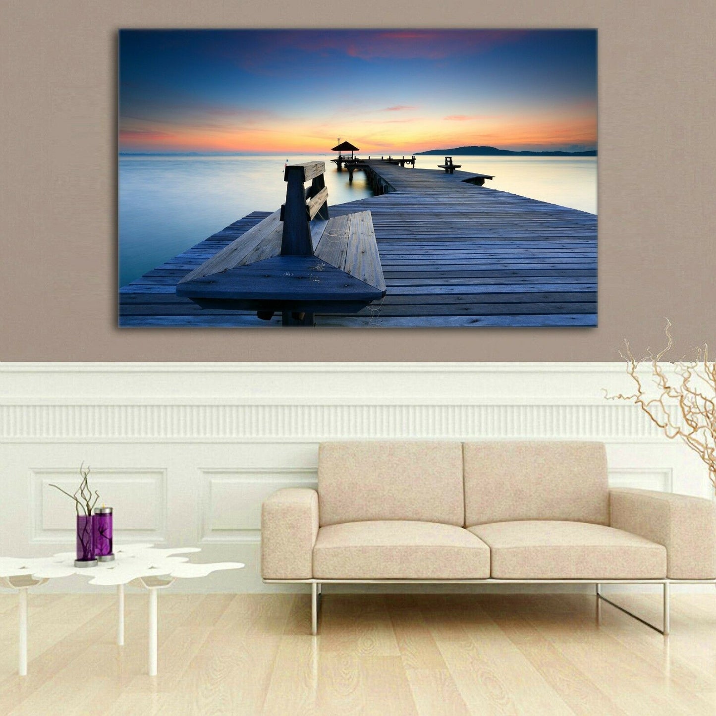Time lapse Framed Canvas prints Sun down bridge sunset beach modern wall art