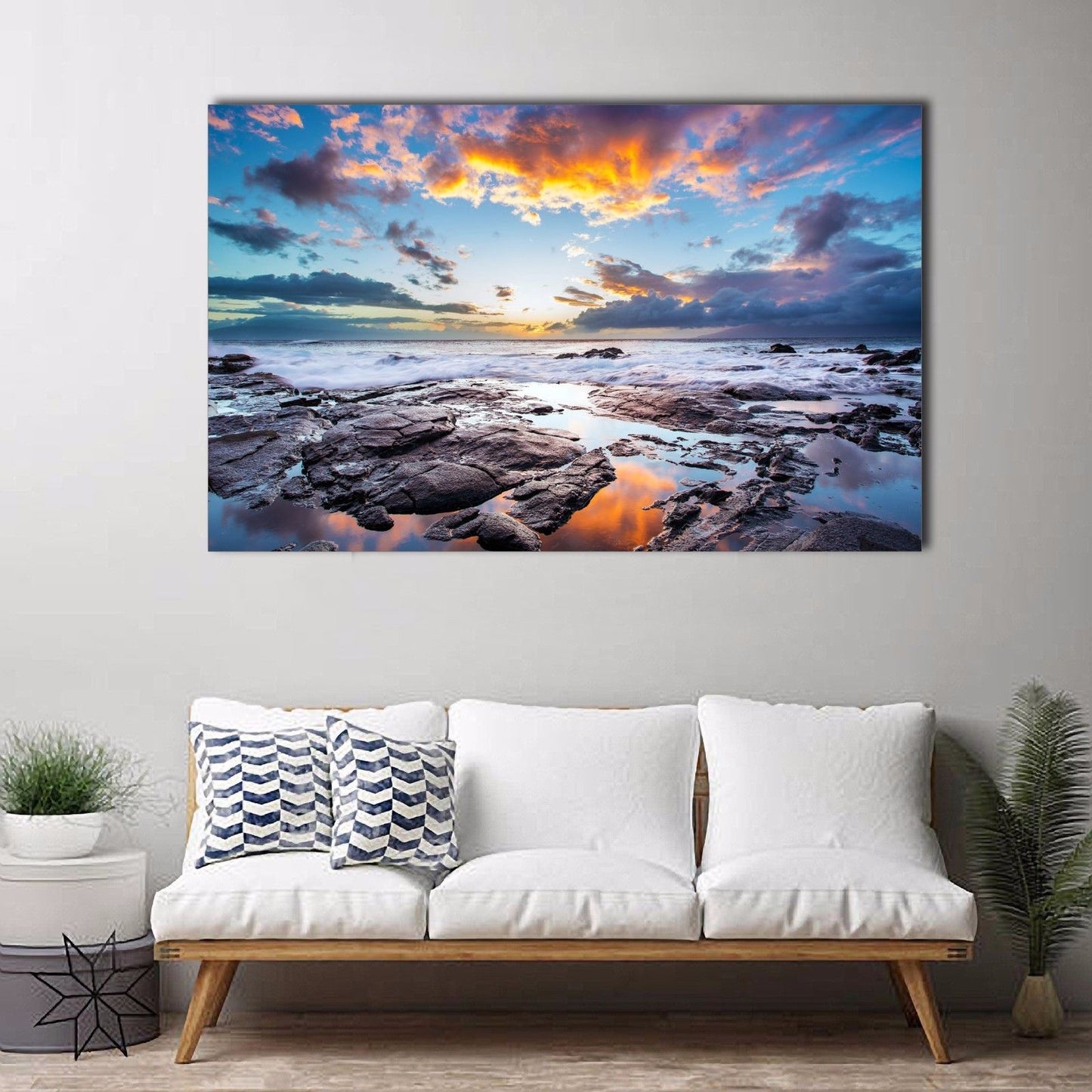 Stretched seascape time-lapse canvas Sunset beach ocean rock view wall art