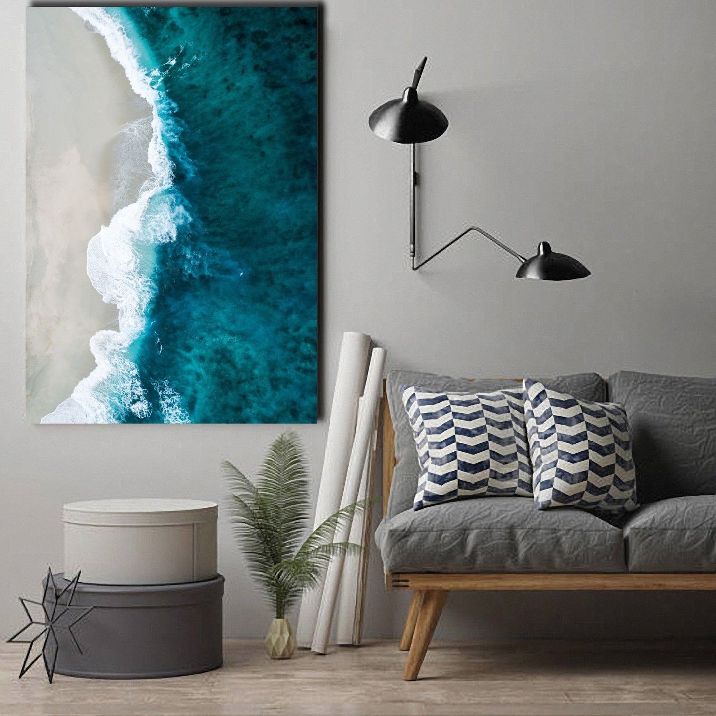 Framed Beach Wave Canvas Aerial View Ocean Print Wall Art Blue Wave White Beach