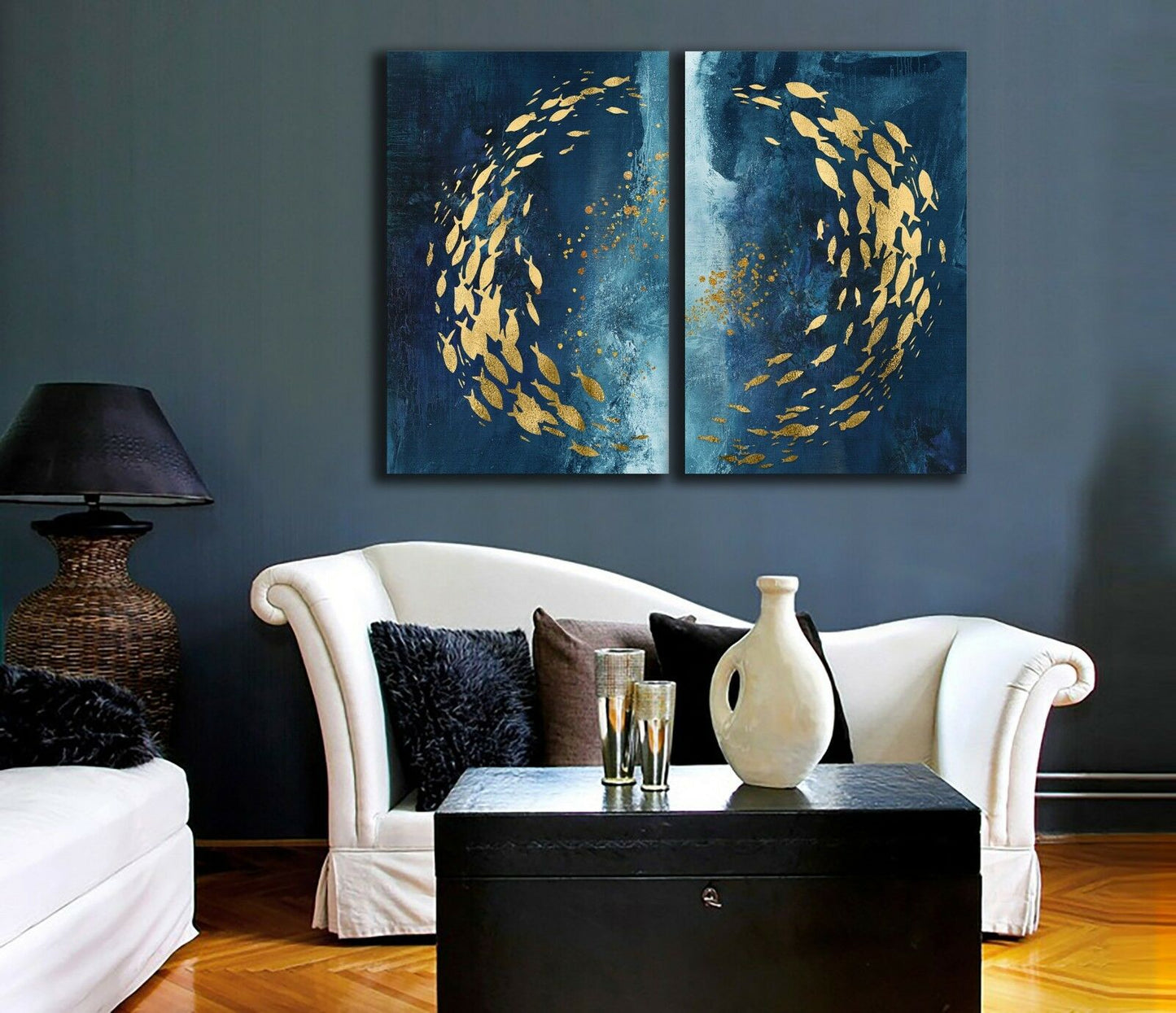 Gold Fish on Blue Ocean Framed Canvas print Abstract Dinning Room Wall Art