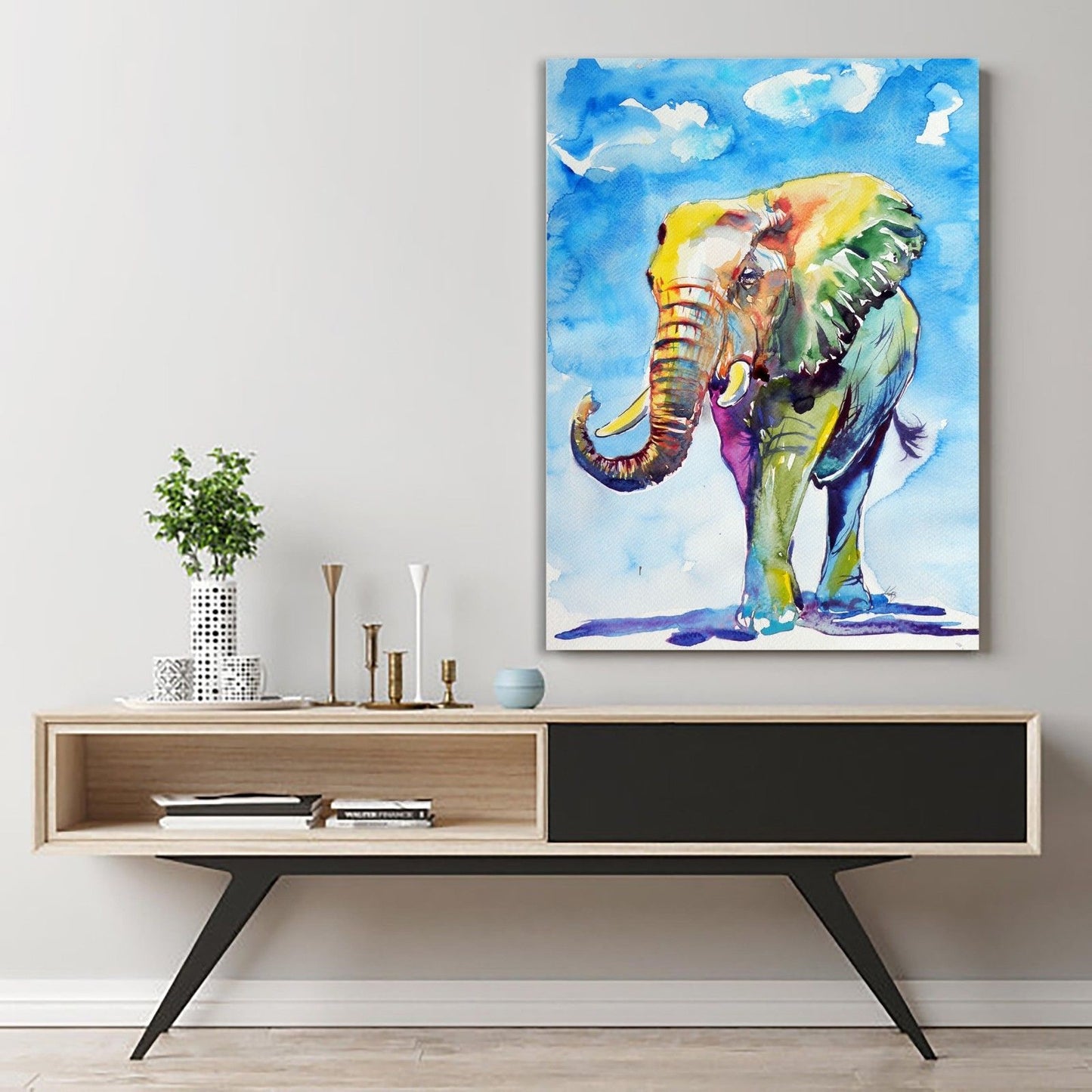 Colorful Rainbow Elephant Stretched Canvas Prints Wall Art Decor Framed Painting