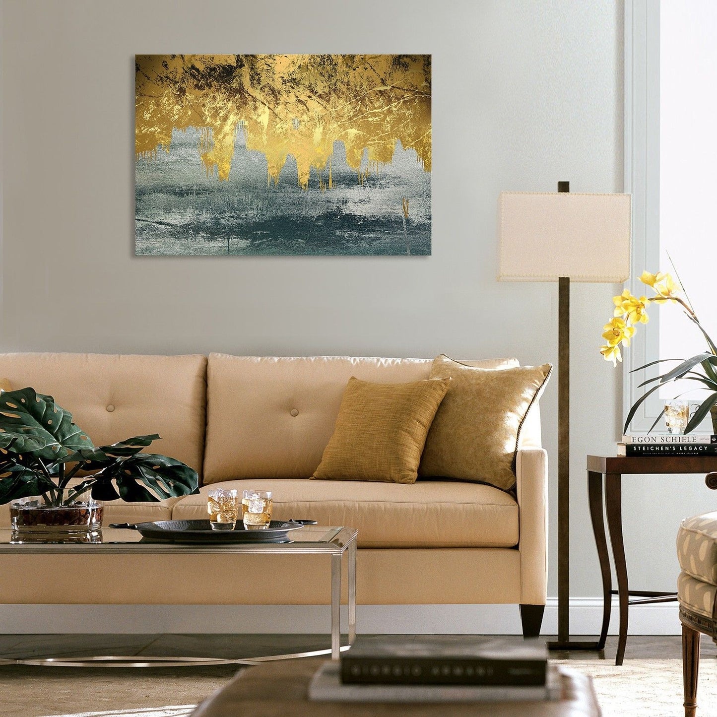 Blue Gold Foil Stretched Printed Framed Canvas Liquid abstract print wallart