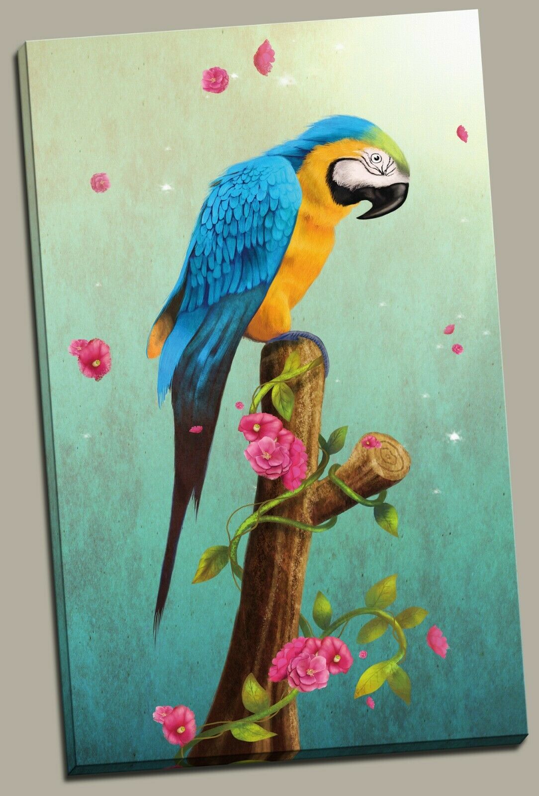 Parrot Flowers Blue Stretched Pictures Canvas home art wall