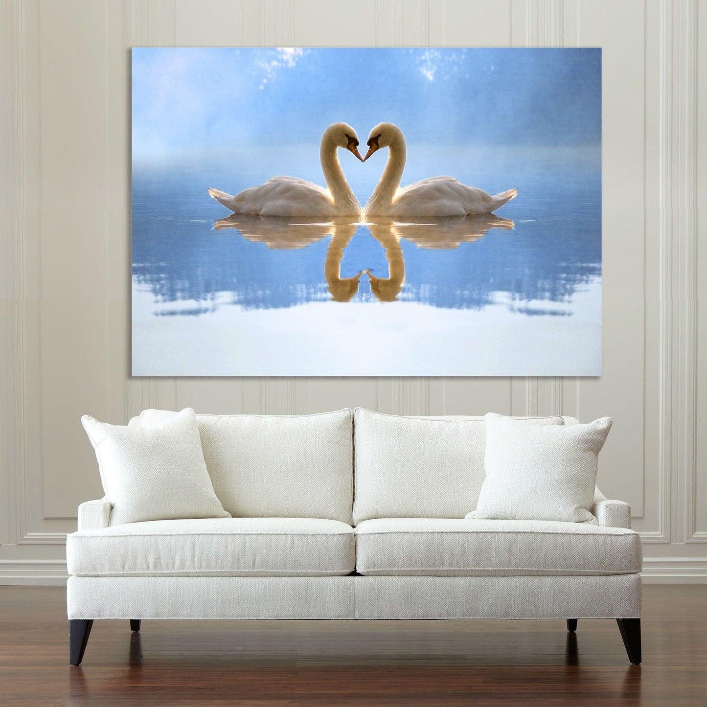 Love Heart SWANS Stretched Pictures Canvas water reflection home art wall deco